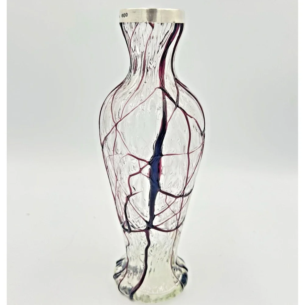 Kralik Bohemian Art Glass Vase Sterling Silver Birmingham Hallmark Veined c.1900